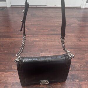 CHANEL Black Patent Leather Large Boy Reverso Bag